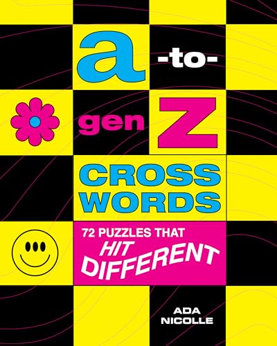 Colorful crossword puzzle book cover with letters, flowers, and a smiley face.
