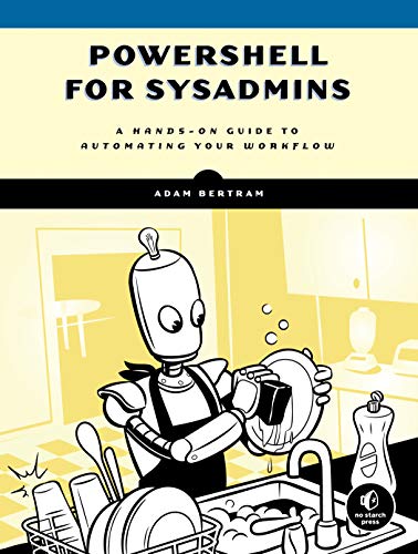Book cover: "PowerShell for Sysadmins" with a robot washing dishes.