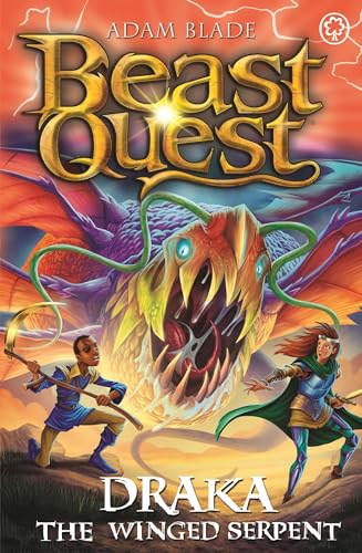Book cover: a boy and girl face a large, winged serpent, Draka.