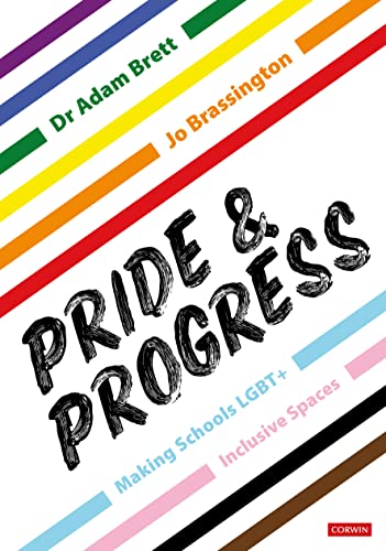 Book cover with rainbow stripes and bold text: "Pride & Progress.