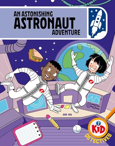 Two kids in spacesuits float with a notebook and sandwich in space.