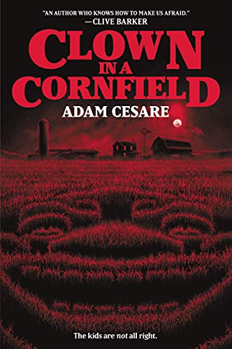 Book cover showing a red cornfield shaped like a clown face under a moon.