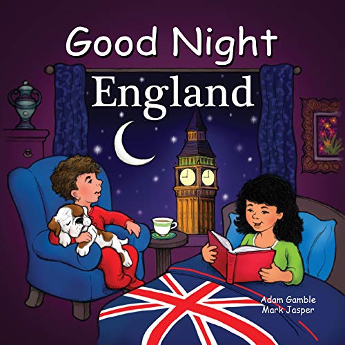 Children reading with a dog, Big Ben visible through curtains, England flag.