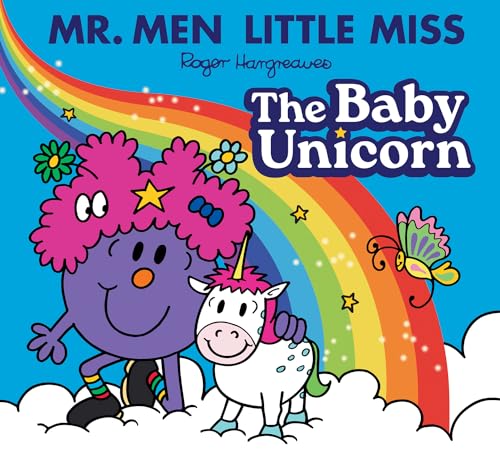 Little Miss and a baby unicorn stand beneath a rainbow and stars.