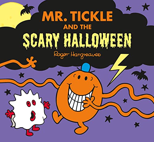 Mr. Tickle with a ghost on a purple Halloween background.