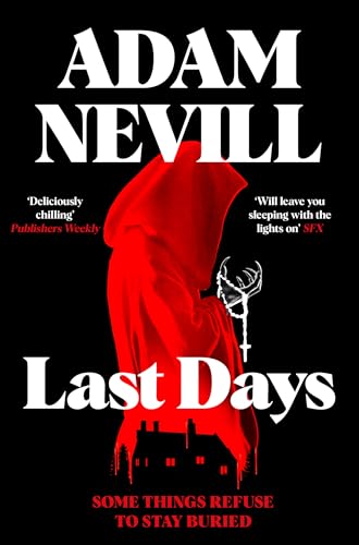 Book cover showing a red hooded figure holding a rosary over a dark house.