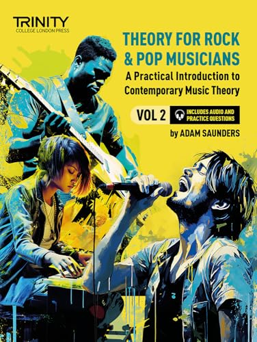 Book cover featuring musicians with guitars and a microphone, “Theory for Rock & Pop Musicians.”
