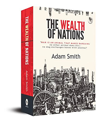 Book cover: "The Wealth of Nations" by Adam Smith, with city illustration.
