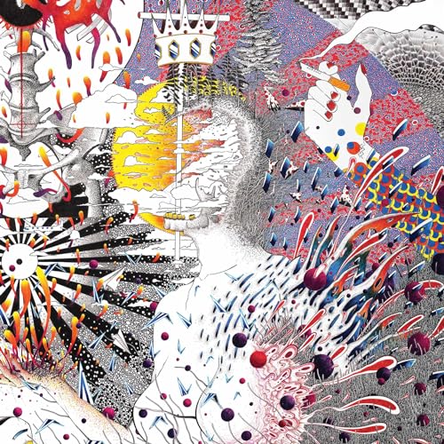 Intricate black and white illustration with red and yellow accents.