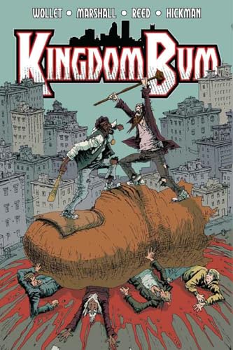 Comic book cover: two figures stand on a giant creature over a city.