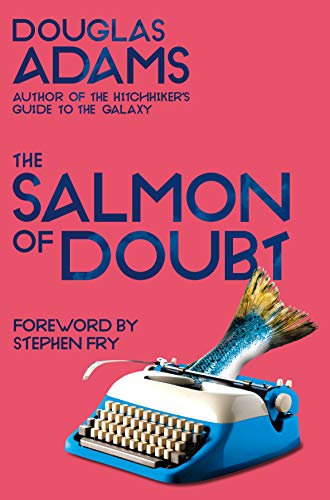 Book cover with a salmon tail emerging from a blue typewriter on pink background.