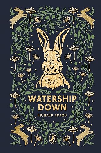Gold-foiled book cover of "Watership Down" with a rabbit portrait.