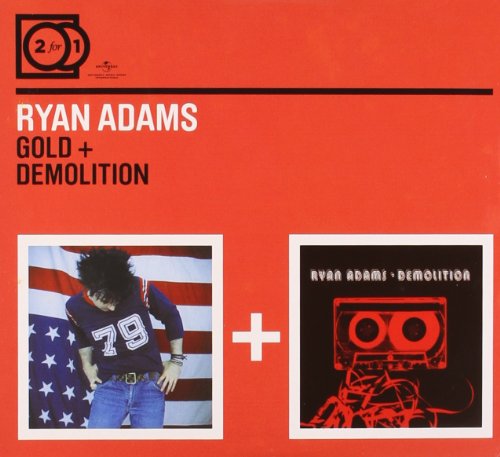 Ryan Adams album covers Gold and Demolition on orange background with white plus sign.