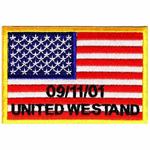 Embroidered US flag patch with “09/11/01” and “UNITED WE STAND” text.