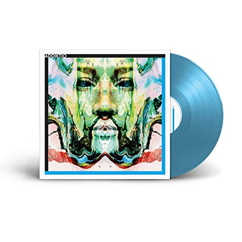 Addiktio vinyl record album cover with abstract face artwork and a blue vinyl disc.