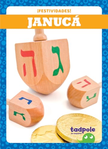 Wooden dreidel with Hebrew letters, gold coins, and blue patterned background.
