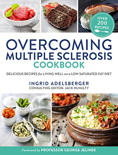 Book cover titled Overcoming Multiple Sclerosis Cookbook with images of various healthy food dishes.