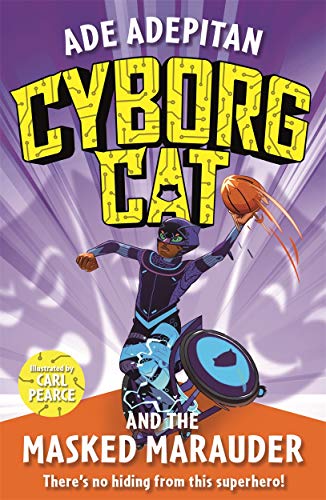 A masked superhero in a wheelchair holds a basketball against a purple background.