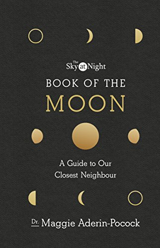 "Black book cover with lunar phases illustrations and white and gold text."