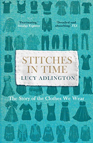 Book cover with a teal background featuring various clothing illustrations and a central fabric label.