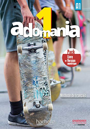 French textbook "Adomania" cover with a skateboard and young people.