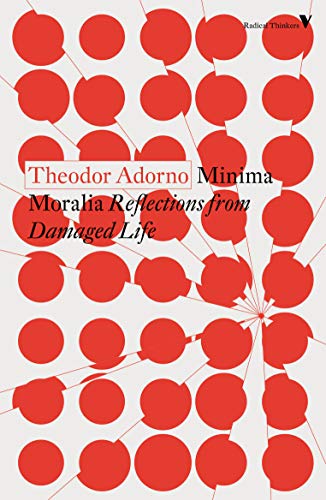 Book cover: red circles radiating from white text, "Minima Moralia" by Theodor Adorno.
