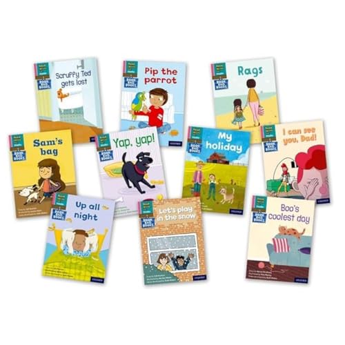 Ten colorful children’s books with illustrated covers, stacked slightly overlapping.