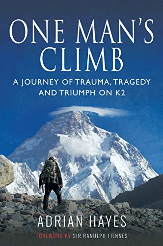 Book cover: climber facing snowy K2 mountain, titled "One Man's Climb.