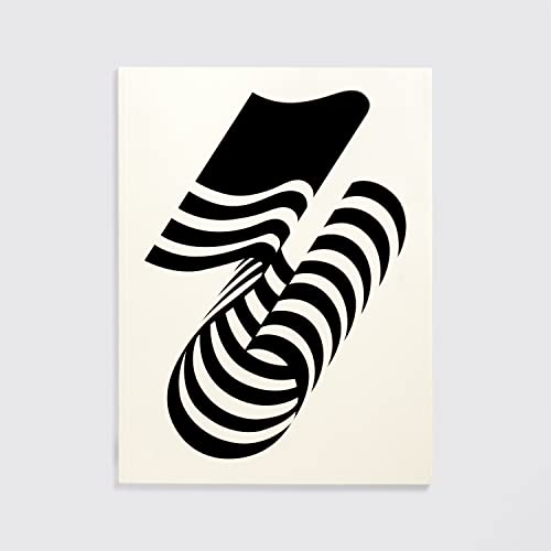 Black and white abstract graphic of stacked, curved lines on beige.
