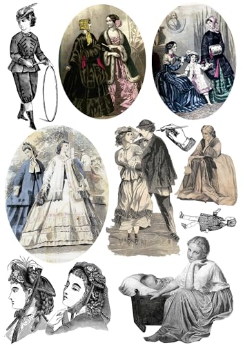 Vintage illustrations of people in 19th-century clothing and scenes.
