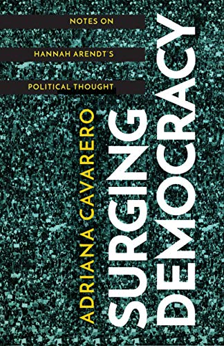 Book cover with large white text “Surging Democracy” on a textured green background.