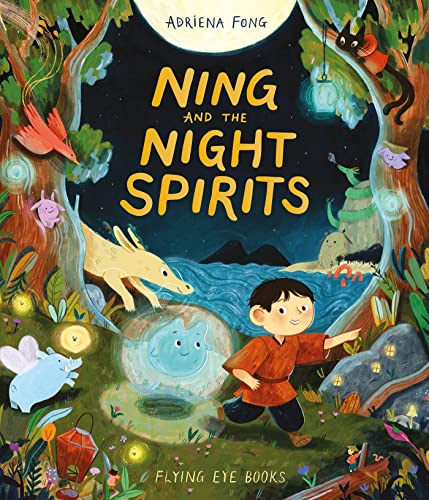 Book cover illustration featuring a boy running through a forest filled with magical creatures.