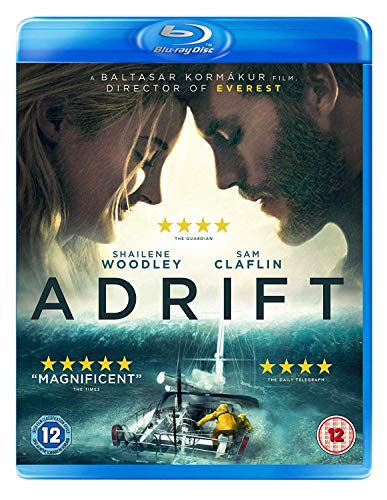 Adrift" Blu-ray cover featuring Shailene Woodley and Sam Claflin amidst stormy seas.
