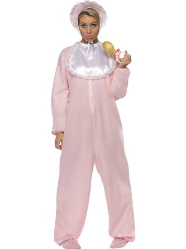 Woman in a pink, long-sleeved baby romper with bonnet and pacifier.