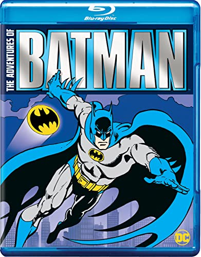 Blu-ray cover featuring Batman in a dynamic pose against a city skyline.