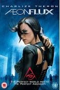 "A woman in black attire on a DVD cover with a futuristic cityscape."