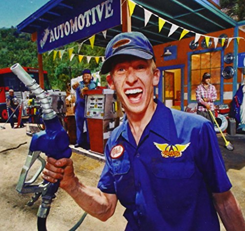 Aerosmith album cover: man in uniform holds a gas pump at station.