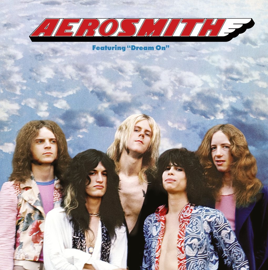 Aerosmith’s debut album cover with the band posing against a cloudy sky.