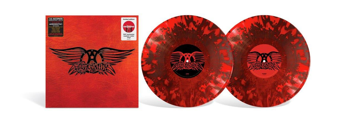 Red Aerosmith vinyl double LP with band logo and limited edition sticker.