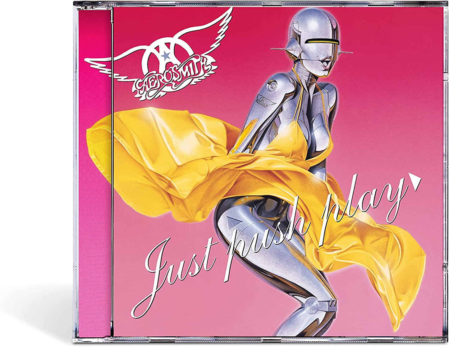 Aerosmith “Just Push Play” CD cover with robotic figure and yellow fabric.