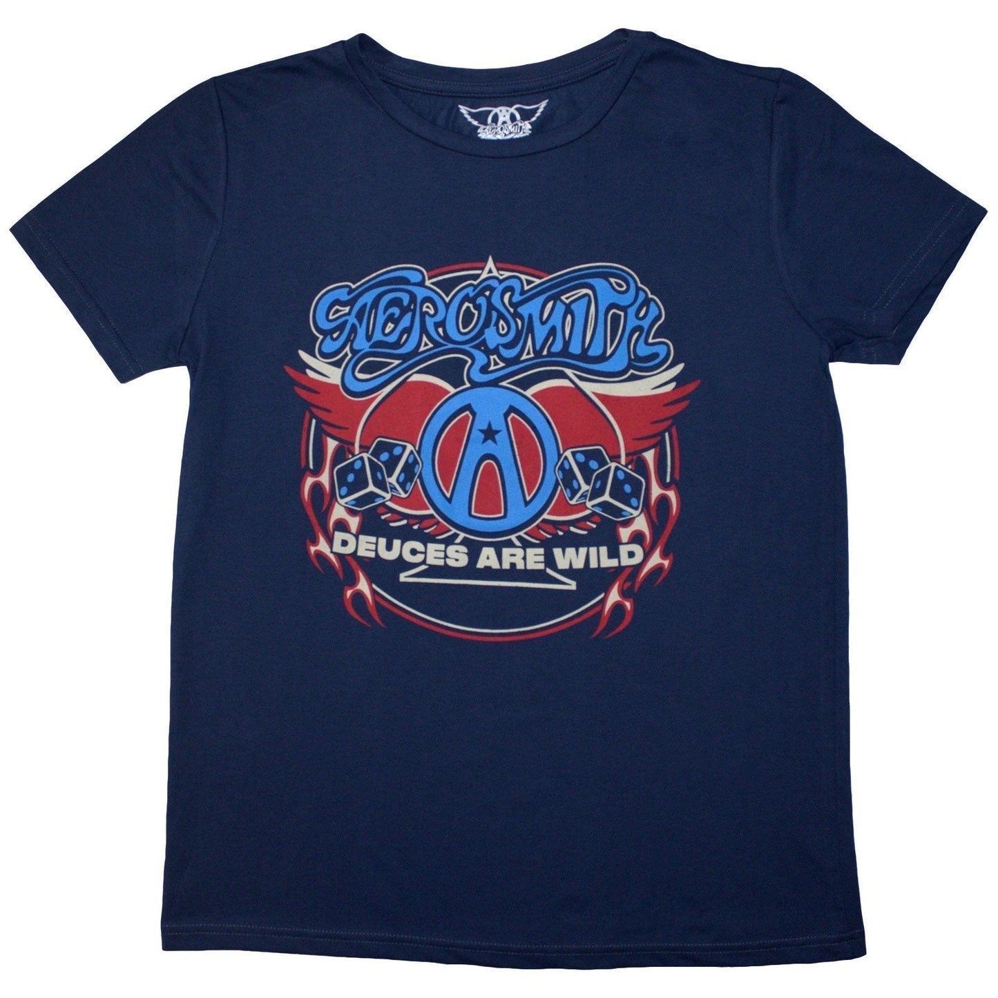 Black ladies t-shirt featuring a colorful Aerosmith rainbow spade logo on the front.