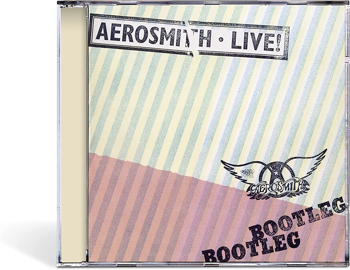 "Aerosmith Live! Bootleg" CD case with striped cover art and winged logo on a white background.