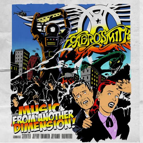 Aerosmith album cover: comic-style art with robots, snakes, and distressed people.