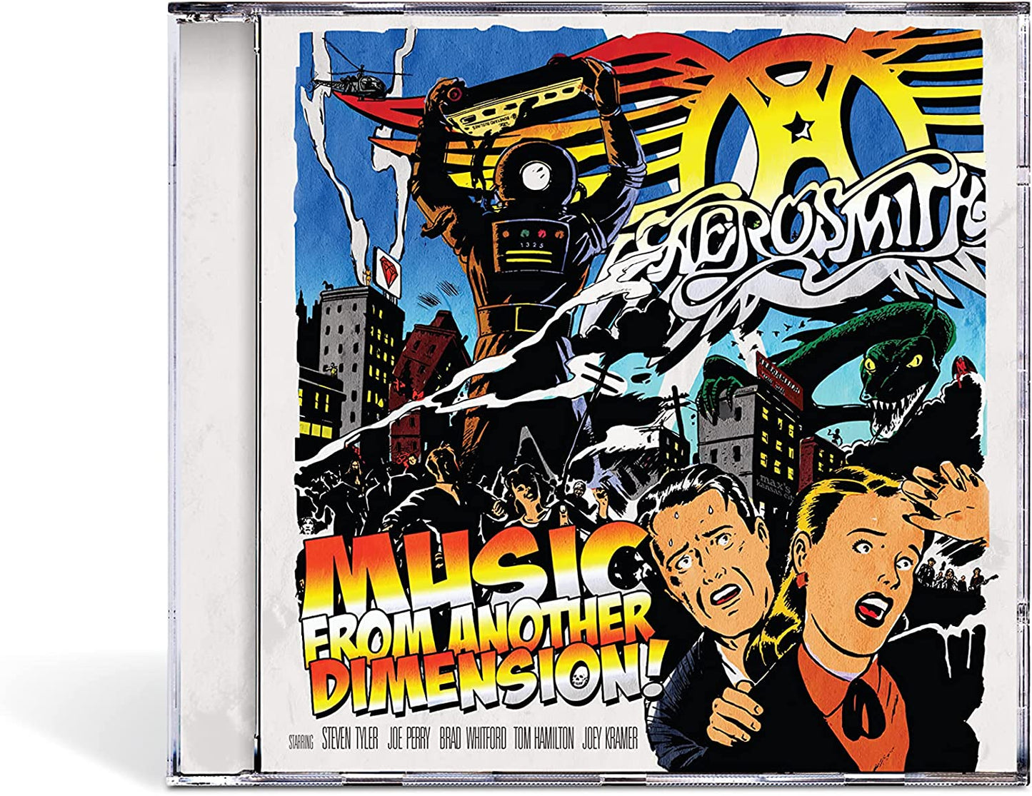 "CD case with Aerosmith album cover, featuring cartoon artwork and band members' names."
