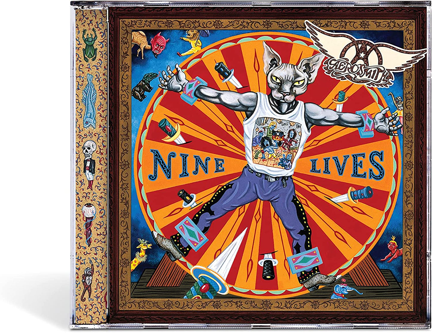 "CD case with 'Nine Lives' album cover featuring a muscular cat surrounded by daggers."