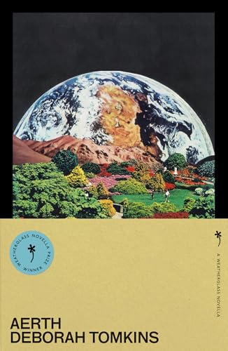Book cover with a large planet and garden scene, author and title in black text.