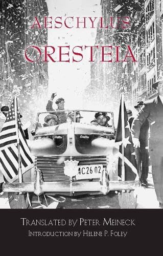 Book cover for "Oresteia" featuring a vintage parade scene in grayscale.