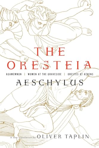 Book cover with line drawing of classical figures and title “The Oresteia.”