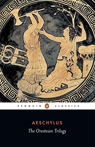 Book cover depicting ancient Greek figures and text: "The Oresteian Trilogy.