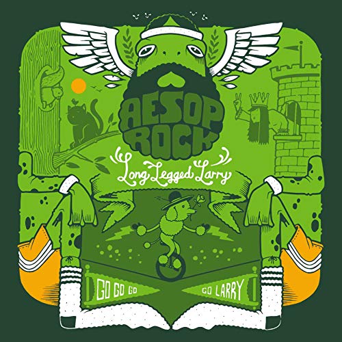 Green album cover for Aesop Rock’s “Long Legged Larry” with whimsical illustrations.